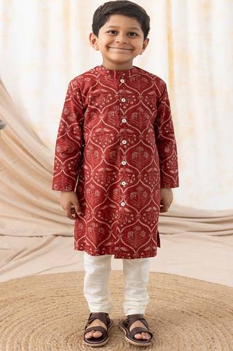 Maroon printed cotton  kurta pyjama