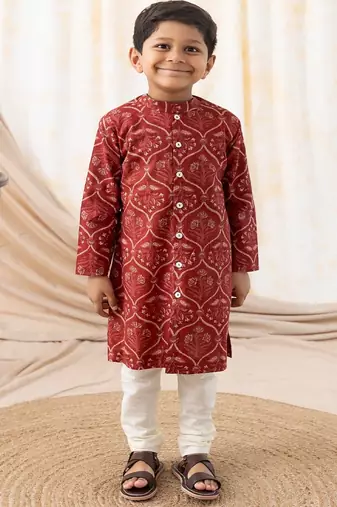 Maroon printed cotton  kurta pyjama