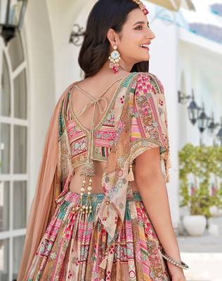 beige chinon silk zari embroidered lehenga set choli with dupatta 5