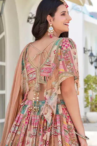 beige chinon silk zari embroidered lehenga set choli with dupatta