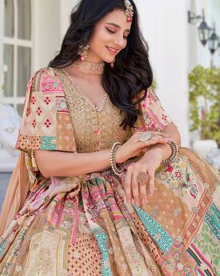 beige chinon silk zari embroidered lehenga set choli with dupatta 6
