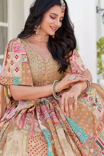 beige chinon silk zari embroidered lehenga set choli with dupatta