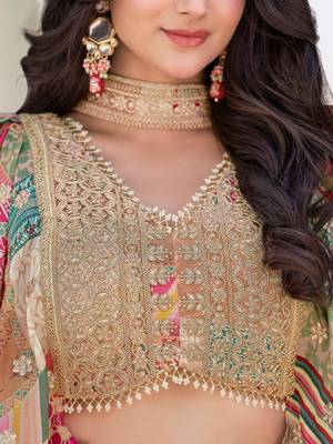 beige chinon silk zari embroidered lehenga set choli with dupatta 7