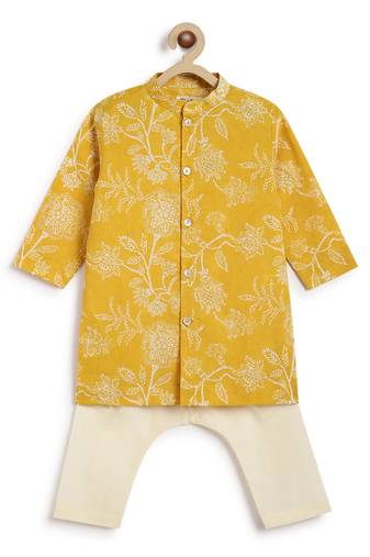 Yellow printed cotton  kurta pyjama