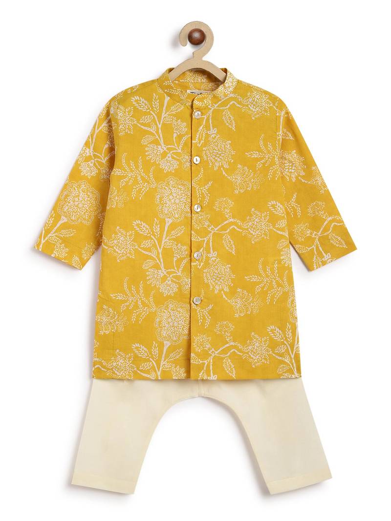 Yellow printed cotton  kurta pyjama