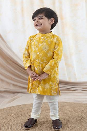 Yellow printed cotton  kurta pyjama
