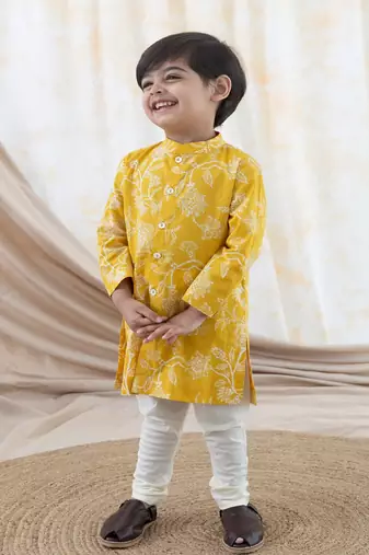 Yellow printed cotton  kurta pyjama