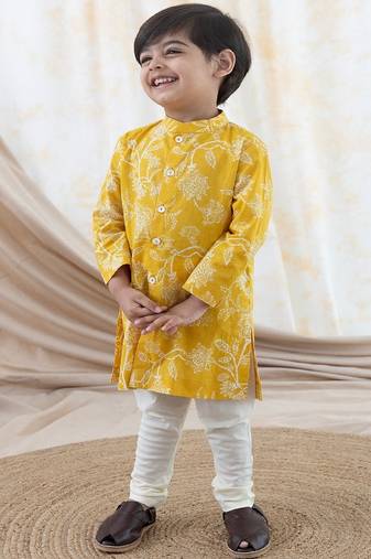 Yellow printed cotton  kurta pyjama