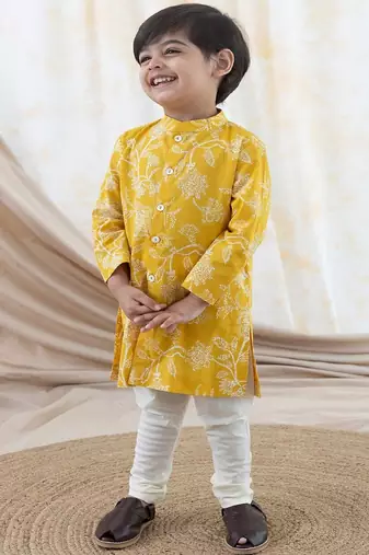 Yellow printed cotton  kurta pyjama