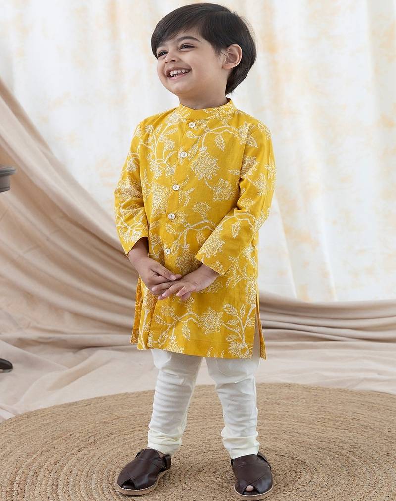 Yellow printed cotton  kurta pyjama