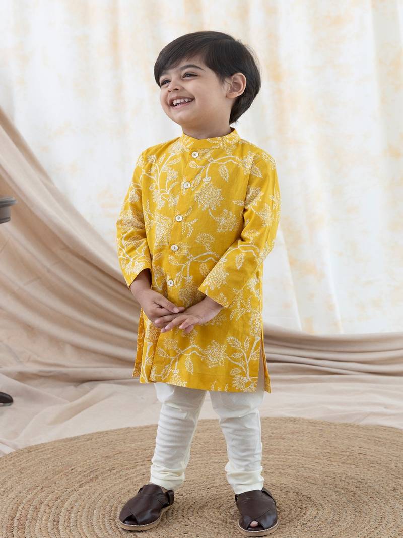 Yellow printed cotton  kurta pyjama
