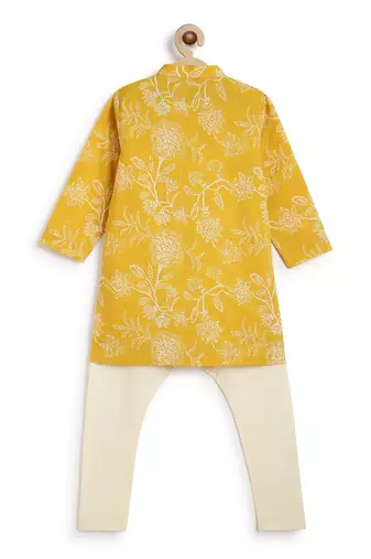 Yellow printed cotton  kurta pyjama