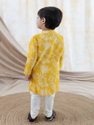 Yellow printed cotton  kurta pyjama 3