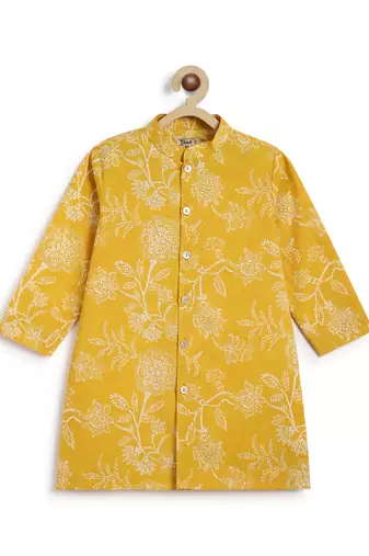 Yellow printed cotton  kurta pyjama