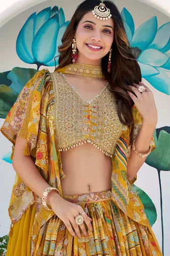 yellow zari embroidered chinon lehenga set choli with dupatta with dupatta
