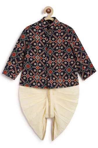 Blue printed cotton bandhgala set