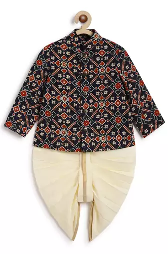 Blue printed cotton bandhgala set