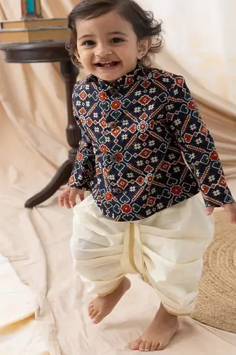 Blue printed cotton bandhgala set