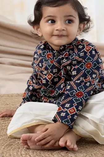 Blue printed cotton bandhgala set