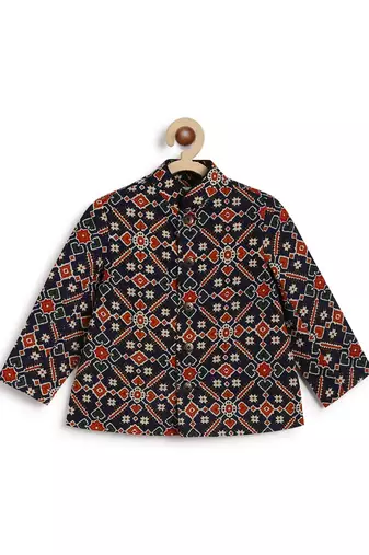 Blue printed cotton bandhgala set