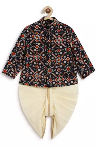 Blue printed cotton bandhgala set