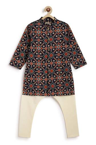 Blue printed cotton  kurta pyjama