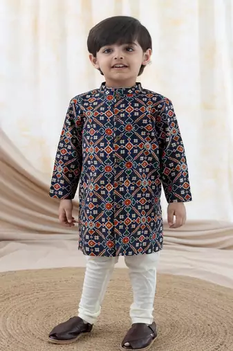 Blue printed cotton  kurta pyjama