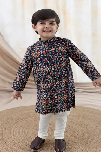 Blue printed cotton  kurta pyjama
