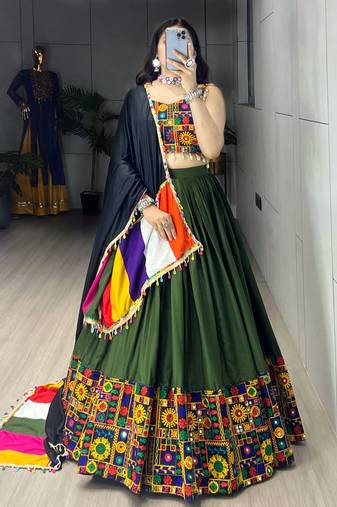 Mehendi Mirror Work Gamthi Design Navratri Lehenga With Fully Stitched Blouse
