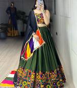 Mehendi Mirror Work Gamthi Design Navratri Lehenga With Fully Stitched Blouse