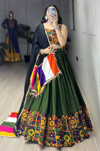 Mehendi Mirror Work Gamthi Design Navratri Lehenga With Fully Stitched Blouse