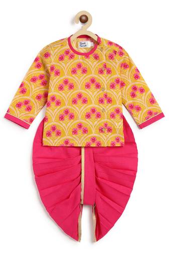 Yellow printed cotton  kurta pyjama