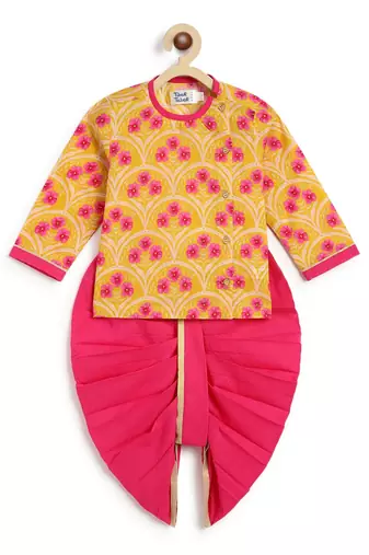 Yellow printed cotton  kurta pyjama