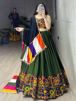 Mehendi Mirror Work Gamthi Design Navratri Lehenga With Fully Stitched Blouse 3