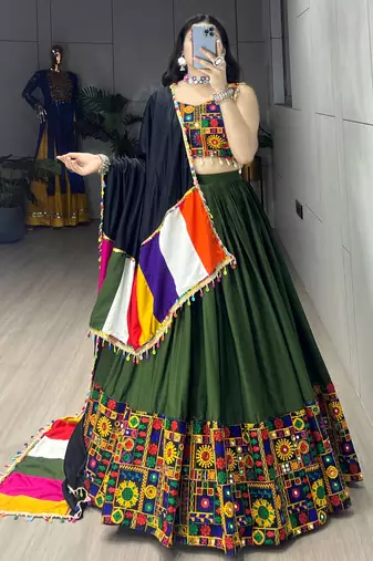 Mehendi Mirror Work Gamthi Design Navratri Lehenga With Fully Stitched Blouse