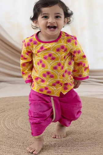 Yellow printed cotton  kurta pyjama