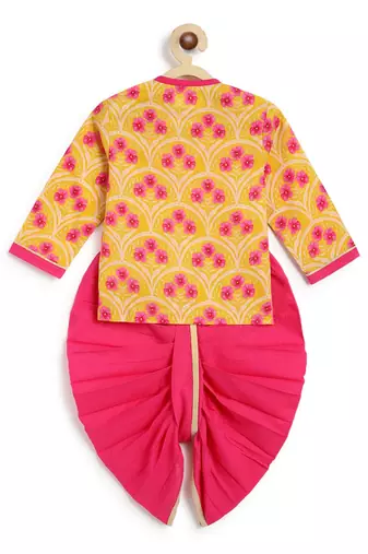 Yellow printed cotton  kurta pyjama