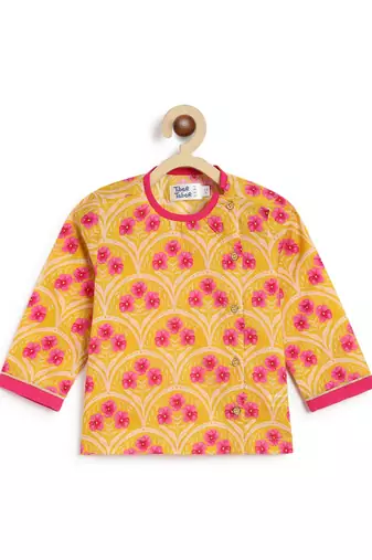 Yellow printed cotton  kurta pyjama