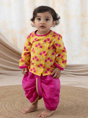 Yellow printed cotton  kurta pyjama 5