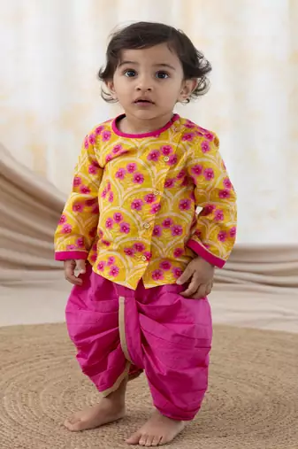 Yellow printed cotton  kurta pyjama