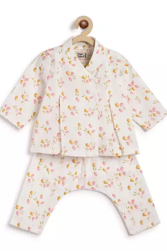 White printed cotton  kurta pyjama