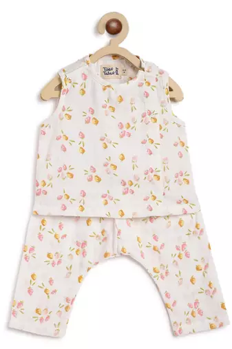 White printed cotton  kurta pyjama
