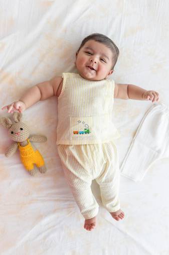 Yellow embroidered cotton  kurta pyjama