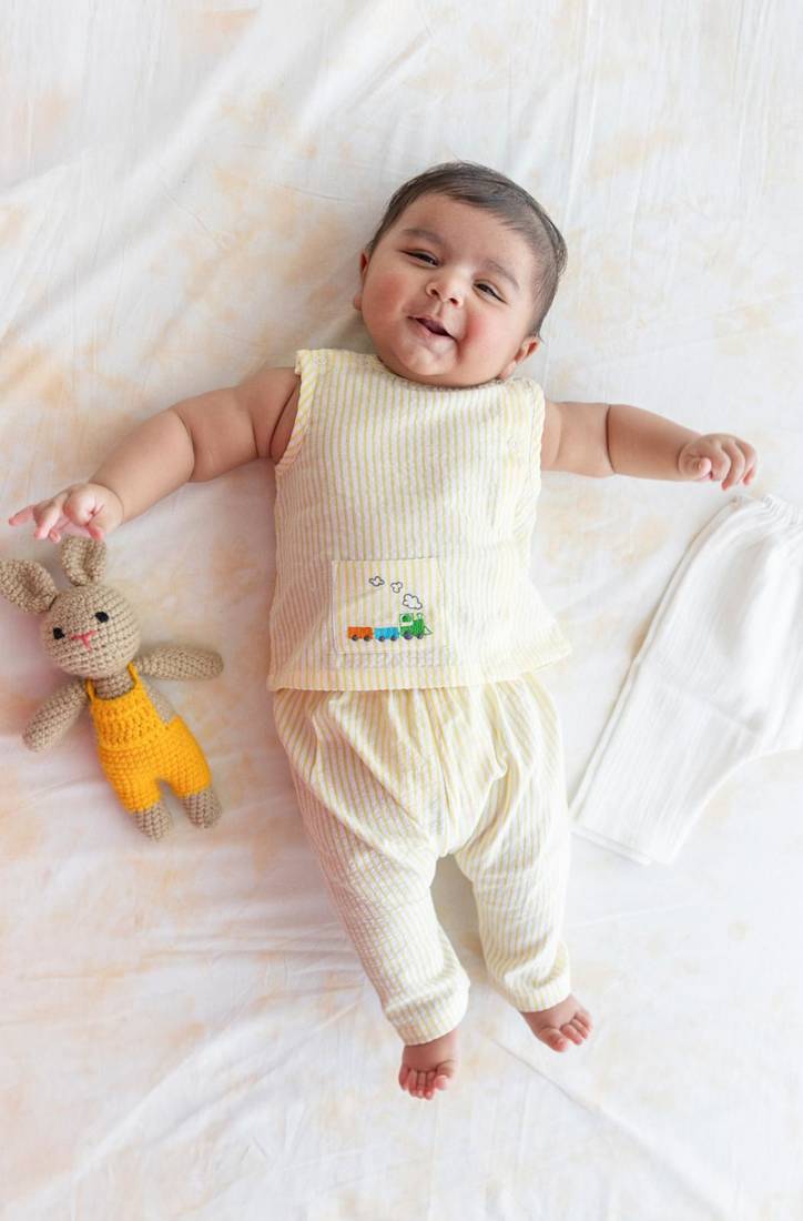 Yellow embroidered cotton  kurta pyjama