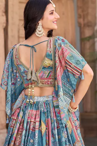 sky blue dori embroidered chinon lehenga set choli with dupatta with dupatta