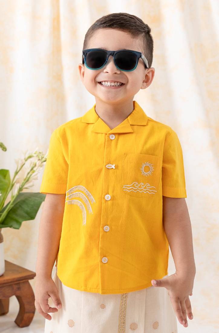 Yellow embroidered cotton  shirt