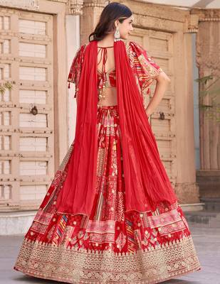 red chinon digital printed wedding lehenga set choli with dupatta 5