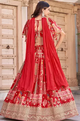 red chinon digital printed wedding lehenga set choli with dupatta