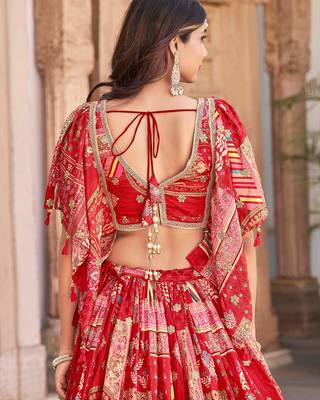 red chinon digital printed wedding lehenga set choli with dupatta 6
