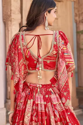 red chinon digital printed wedding lehenga set choli with dupatta